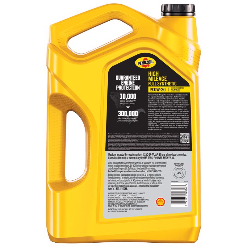 Pennzoil Full Synthetic 0W-20 High Mileage Motor Oil 5 qt 1 pk