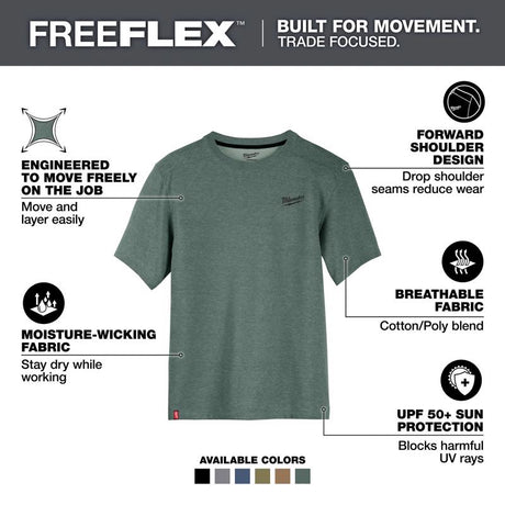 Milwaukee Freeflex XXL Short Sleeve Men's Round Neck Green Hybrid Work Tee Shirt