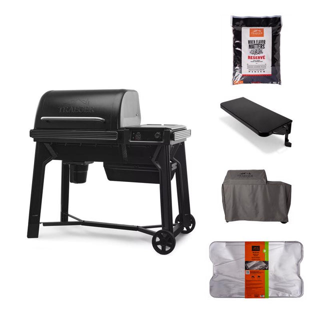 Traeger Woodridge Wood Pellet Grill + Pellets, Folding Shelf, Cover and Drip Tray Liner