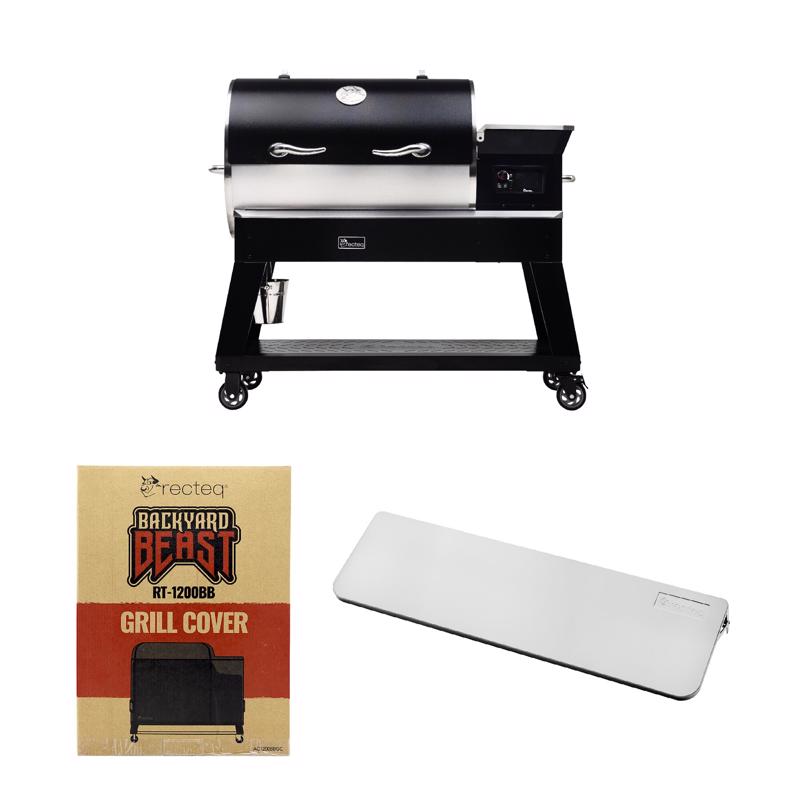 Includes recteqs Backyard Beast 1200, a front-folding shelf, and a custom-fit grill cover.