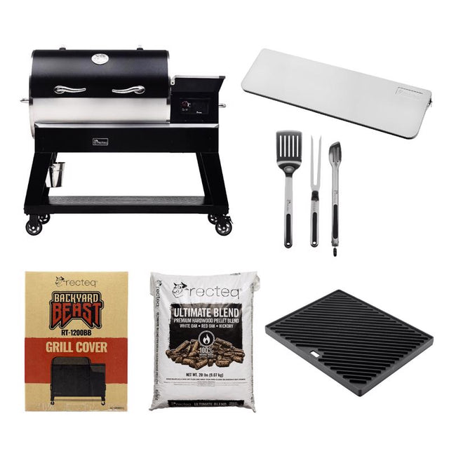 Backyard Beast 1200, a shelf, a grill cover, a large grill top, 3-piece tool set, 20-lbs of pellets
