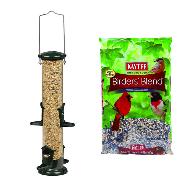 Wild Bird Metal Tube Bird Feeder with 4 Feeding Ports, 2 lb Capacity, Green, Includes 8 lb Songbird Black Oil Sunflower Seed Blend, for Backyard Birdwatching and Viewing