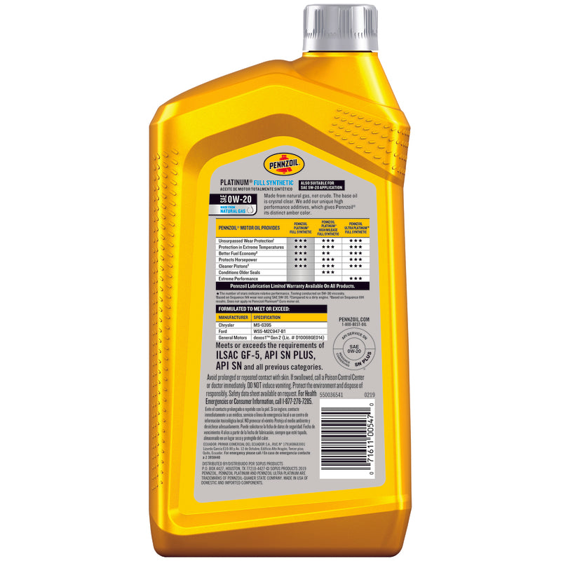 Pennzoil Platinum 0W-20 4-Cycle Synthetic Motor Oil 1 qt 1 pk