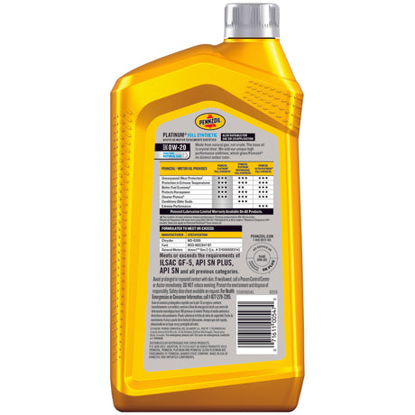 Pennzoil Platinum 0W-20 4-Cycle Synthetic Motor Oil 1 qt 1 pk