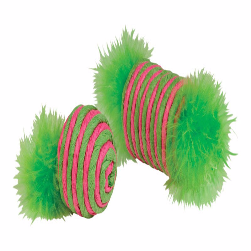 Chomper Kylies Brights Assorted Raffia Raffia Spool and Ball with Feather Cat Toy Large 2 pk