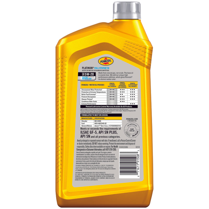 Pennzoil Platinum 5W-20 4-Cycle Synthetic Motor Oil 1 qt 1 pk