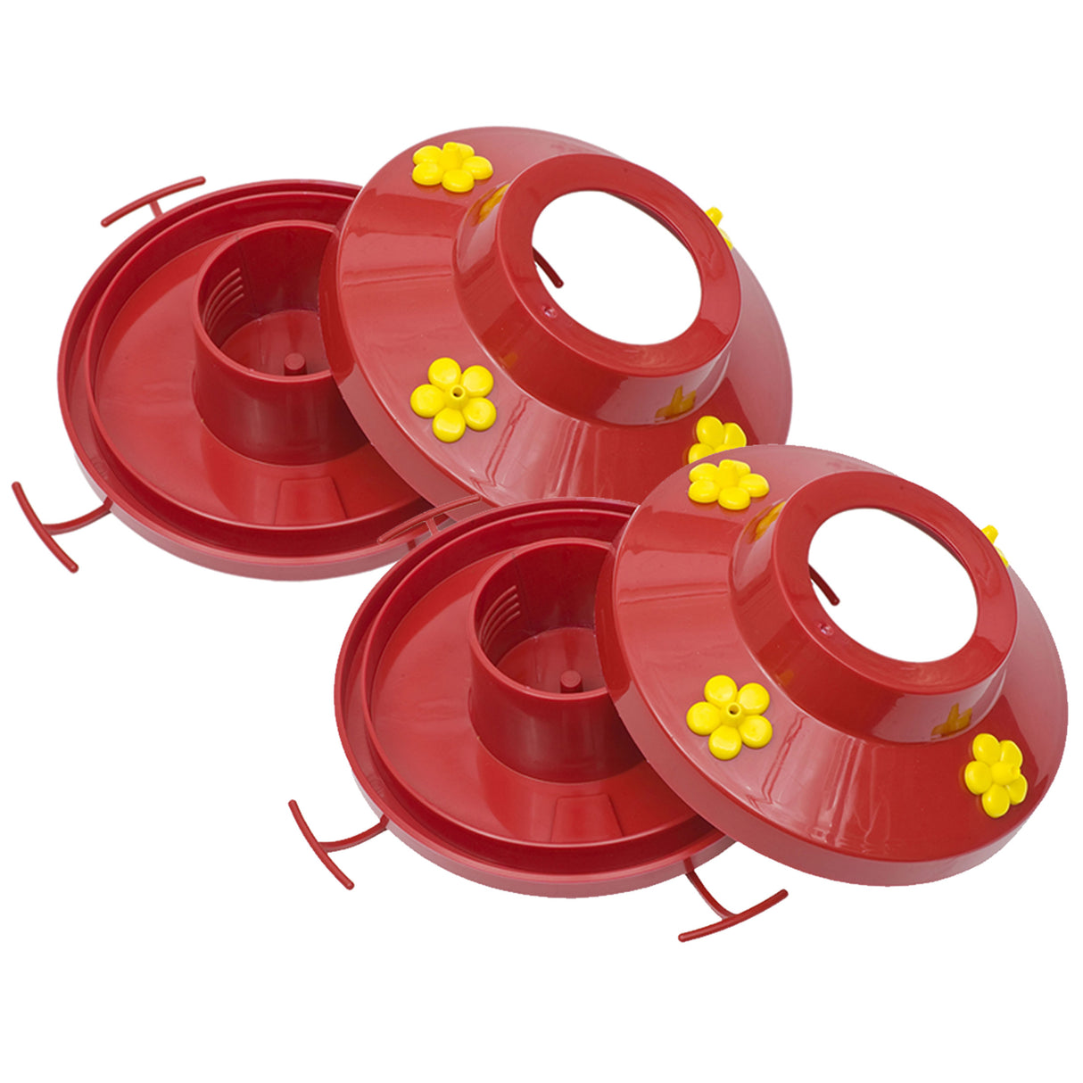 Pinch Waist Glass Hummingbird Feeder, 16 oz – 4 Flower Ports with Perches, Removable Bee Guards & Ant Moat, Easy-Clean Red Feeder, Red, Pack of 2
