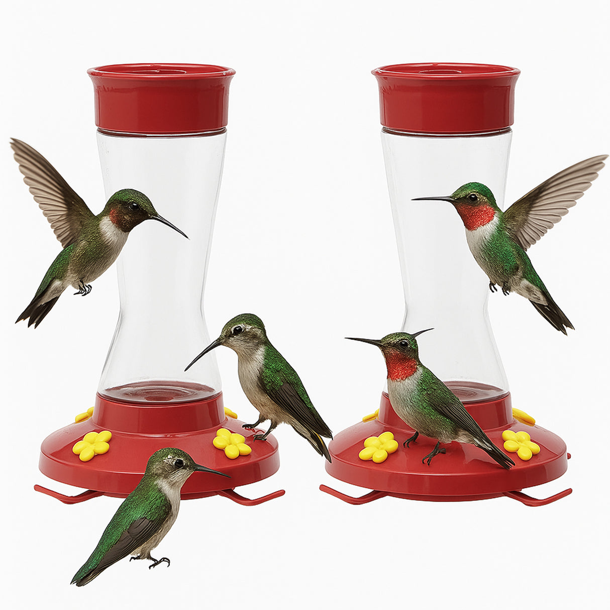 Pinch Waist Glass Hummingbird Feeder, 16 oz – 4 Flower Ports with Perches, Removable Bee Guards & Ant Moat, Easy-Clean Red Feeder, Red, Pack of 2