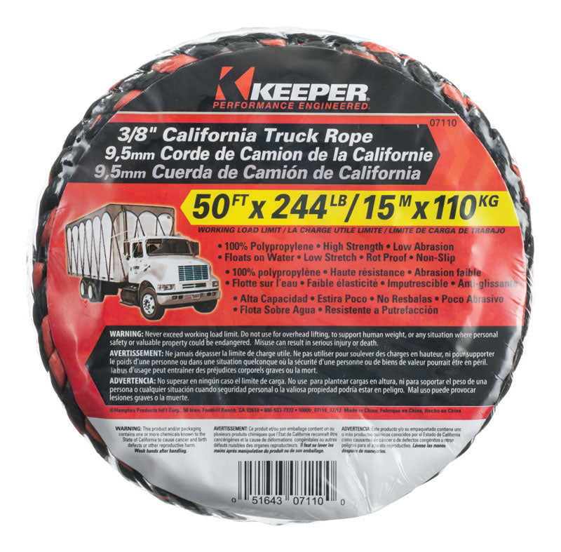 Keeper 3/8 in. W X 50 ft. L Black/Orange Truck Rope 244 lb 1 pk