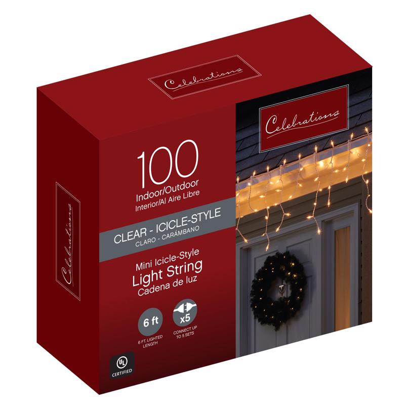 Celebrations Incandescent Mini Clear 100 ct Icicle Christmas Lights 5.67 ft.
