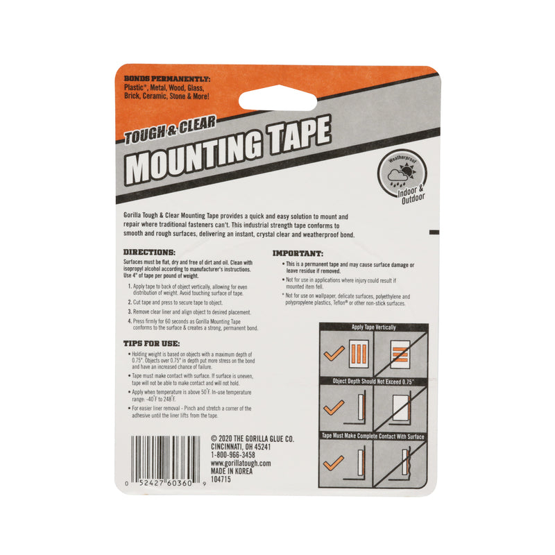 Gorilla Double Sided 1 in. W X 150 in. L Mounting Tape Clear