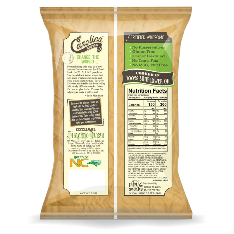 1 in 6 Snacks Carolina Cozumel Jalapeno Queso Kettle Cooked Potato Chips 2 oz Bagged