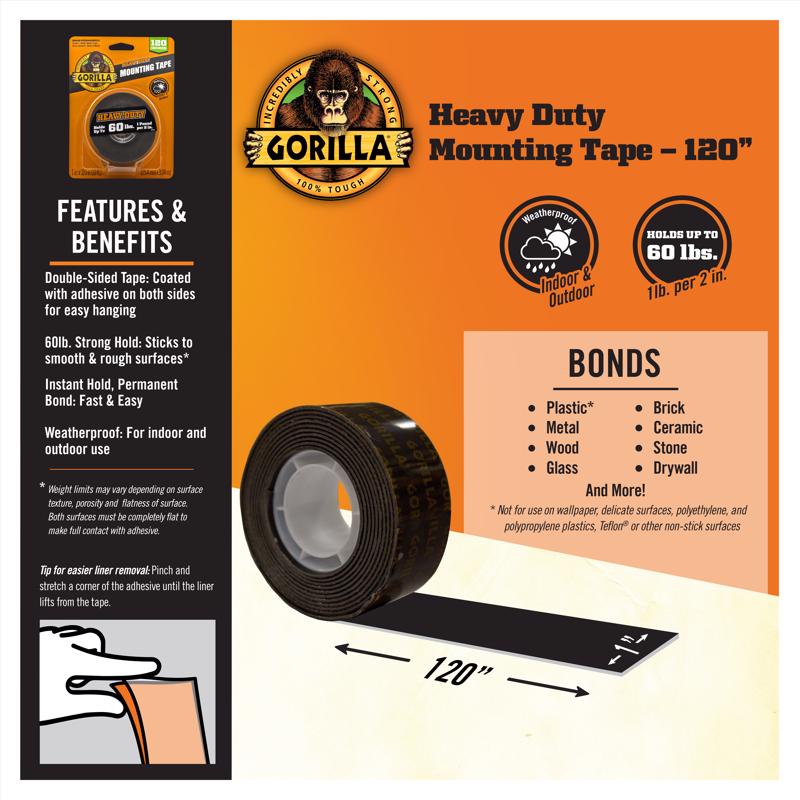 Gorilla Double Sided 1 in. W X 120 in. L Mounting Tape Black