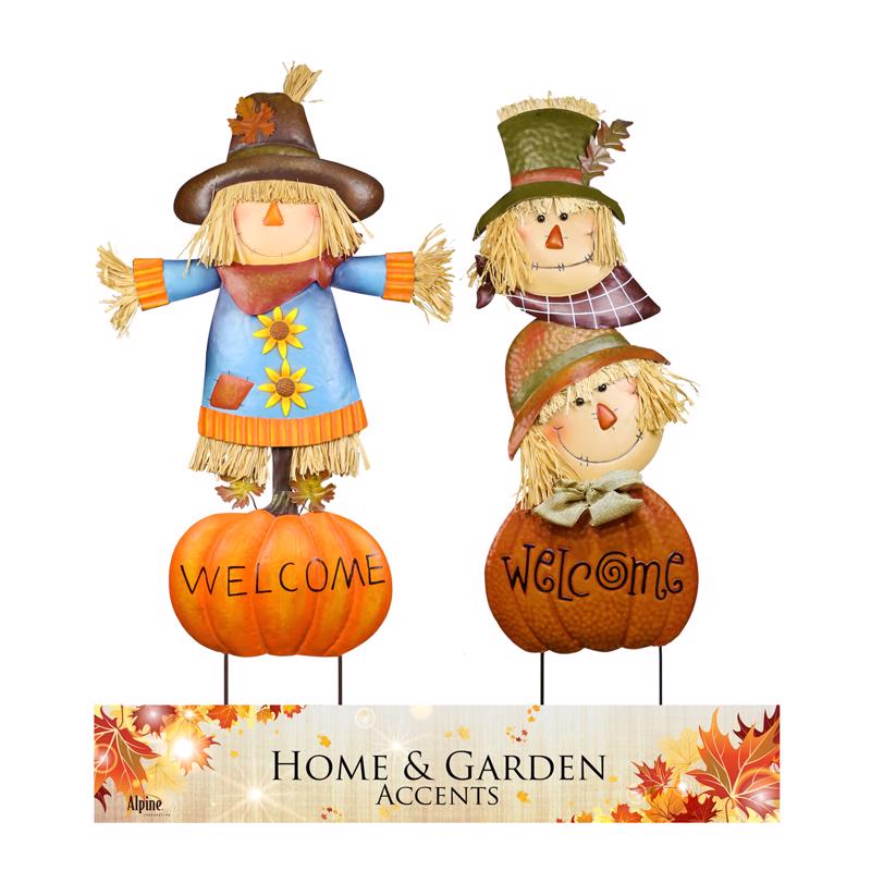 Alpine Multicolored Metal 23.3 in. H Welcome Pumpkin and Scarecrow Outdoor Garden Stake