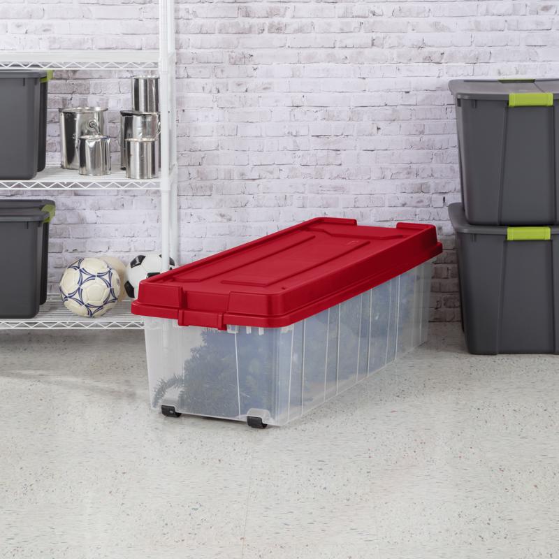 Sterilite Clear/Red Storage Tote w/Wheels 15.5 in. H X 52.5 in. W X 20 in. D