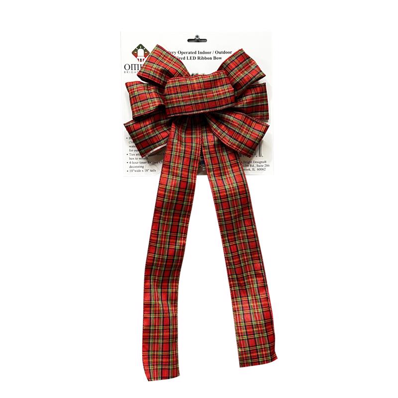 Lin-Con Marketing Omega Bright Designs 10 in. D X 1.5 ft. L LED Prelit Warm White Plaid Bow Garland