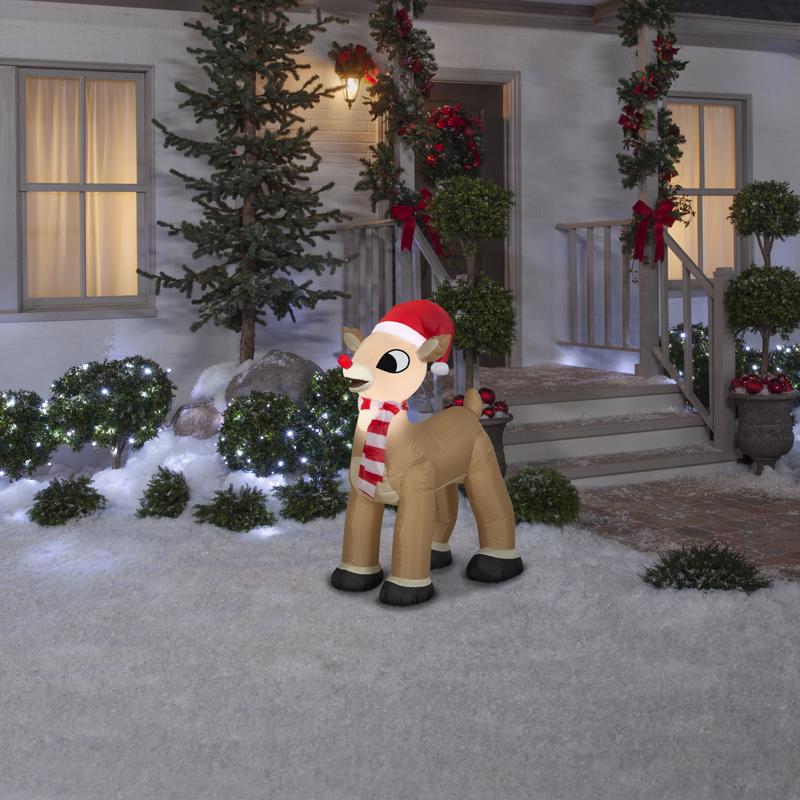 Gemmy Christmas Airblown Inflatable Standing Rudolph w/Santa Hat & Scarf, 3.5 ft Tall, Brown