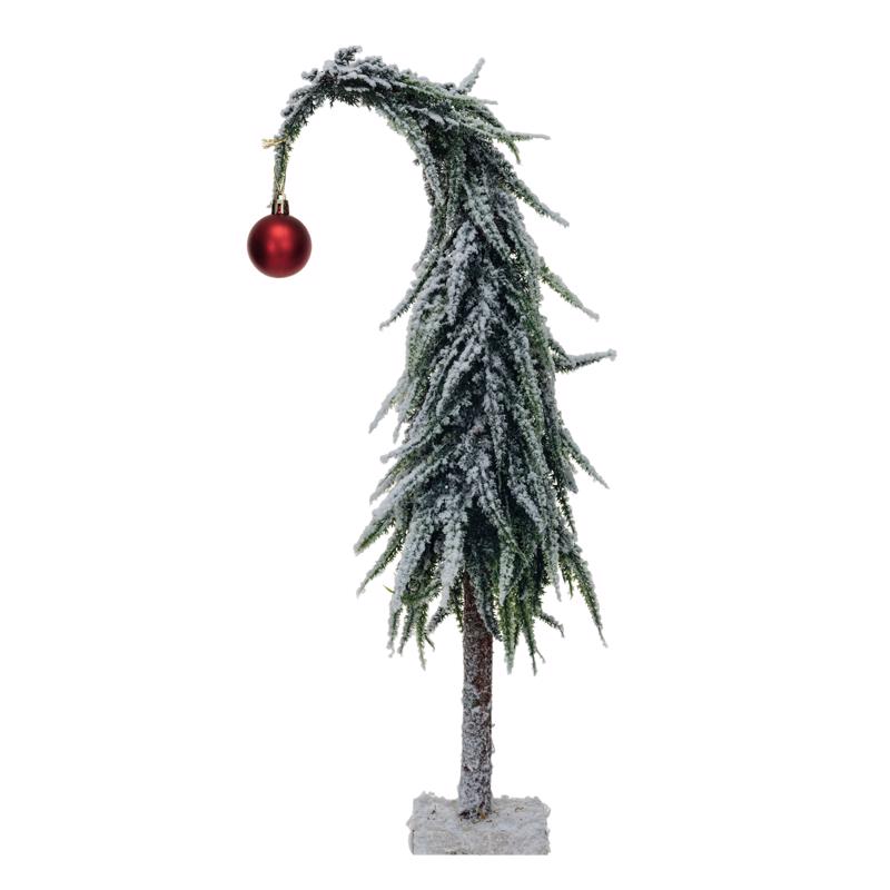 Creative Co-Op Faux Leaning Evergreen Tree with Red Ball Table Decor 14 in.