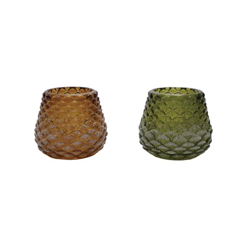 Creative Co-Op Amber/Green Glass Pinecone Tealight Holder Table Decor