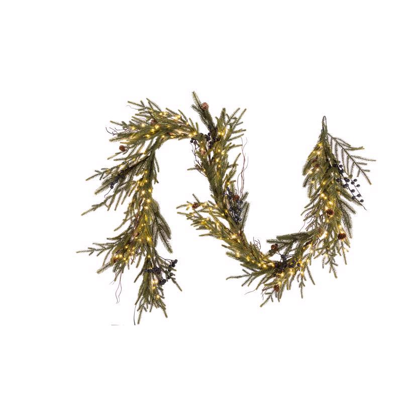 Celebrations 6 ft. L LED Warm White Rustic Norfolk With Berries and Pinecones Garland