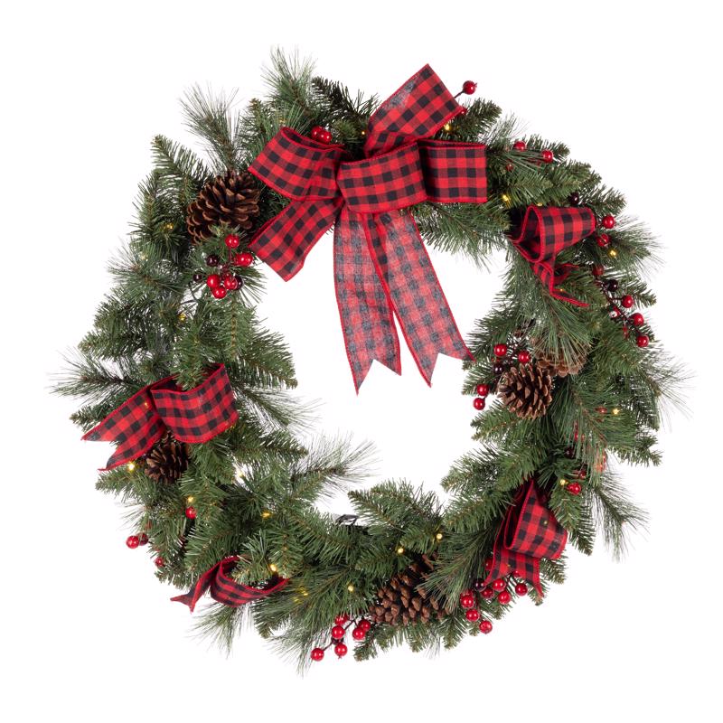 Celebrations 30 in. D LED Warm White Plaid Bow Wreath