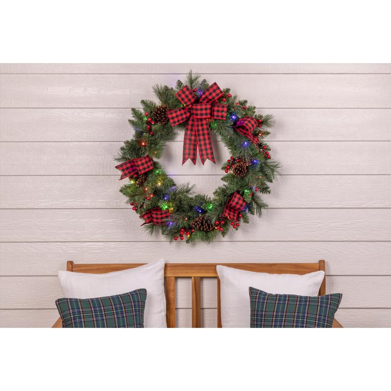Celebrations 30 in. D LED Warm White Plaid Bow Wreath