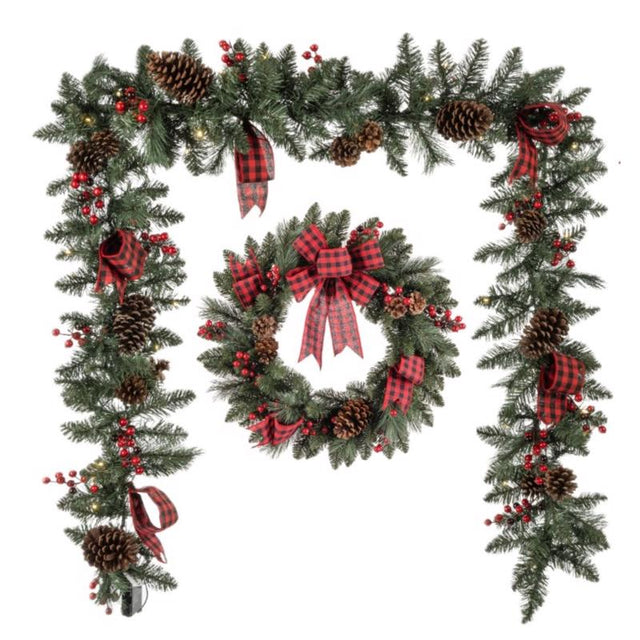 Plaid Bow Pine & Berry Wreath & Garland Bundle