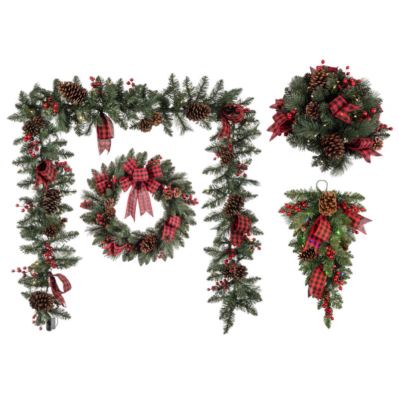Plaid Bow Pine & Berry Wreath & Garland Bundle