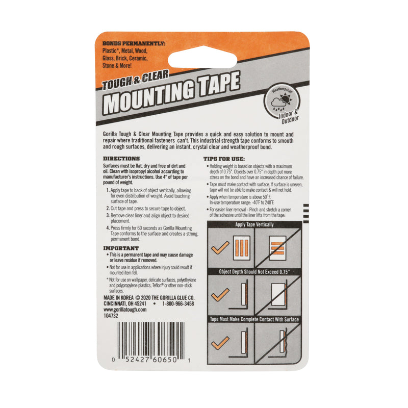 Gorilla Double Sided 1 in. W X 60 in. L Mounting Tape Clear