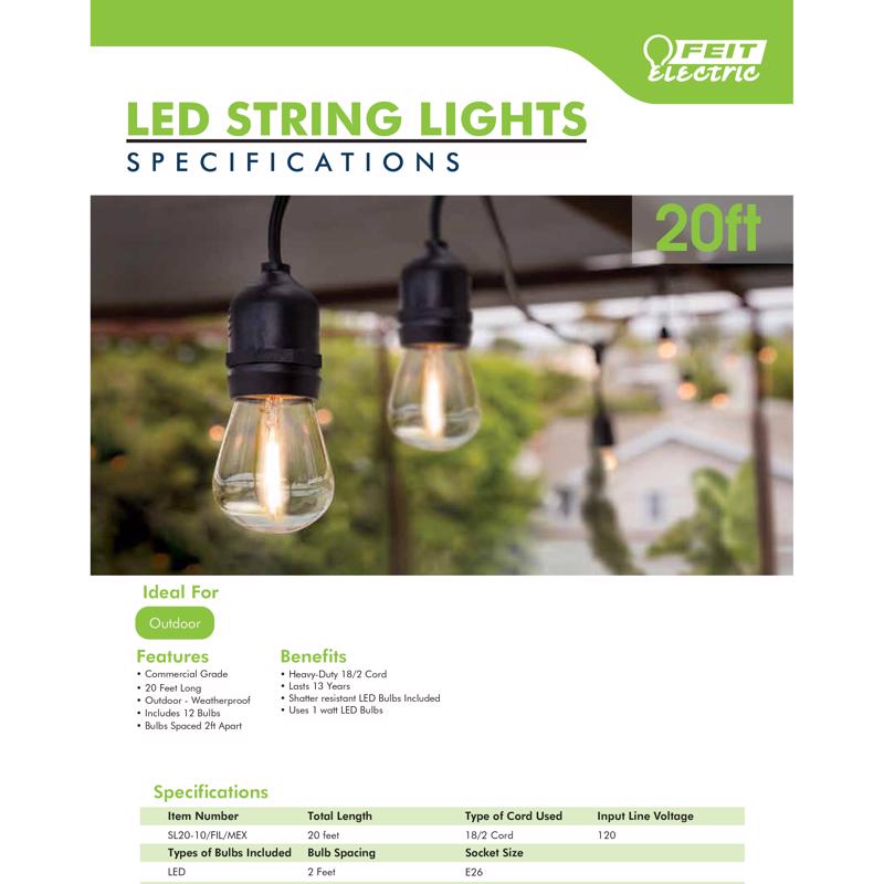 Feit String Lights LED Edison LED Light String Clear 20 ft. 10 lights