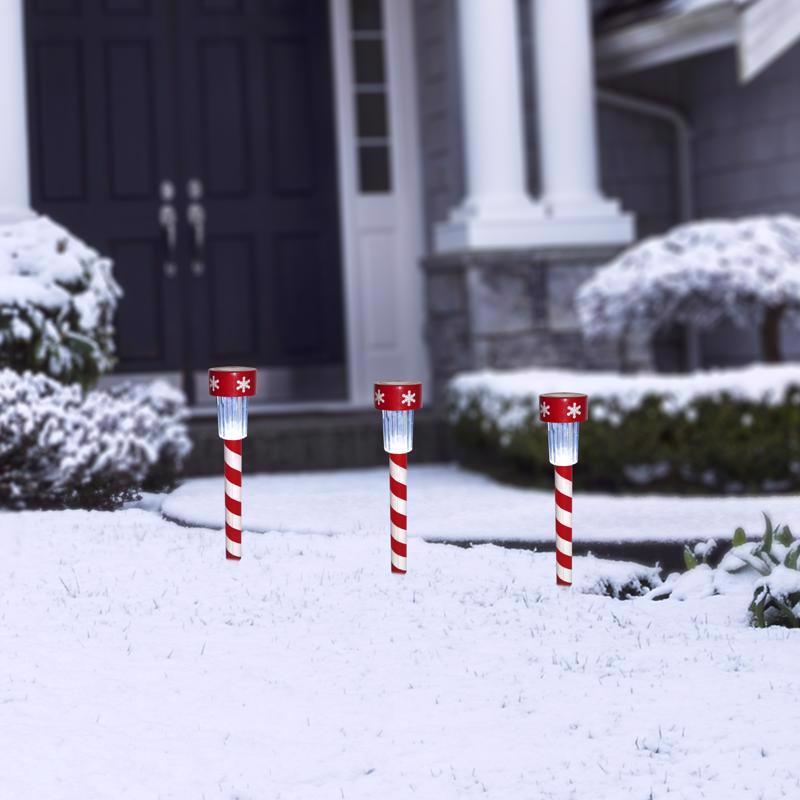 Alpine LED Cool White Solar Powered Lighted Candy Cane Stake 14 in. Pathway Decor