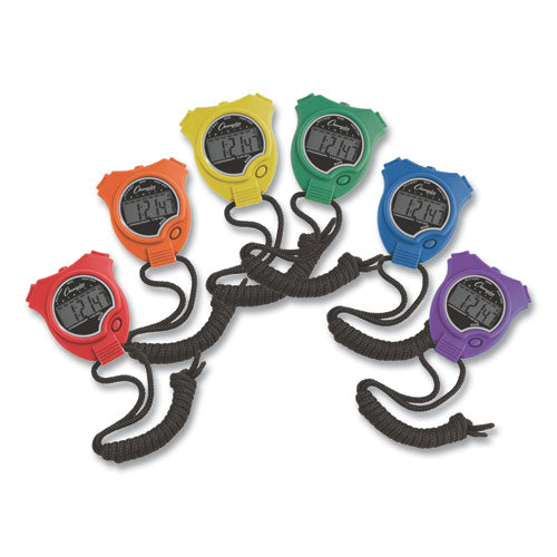 Water-Resistant Stopwatches 1/100 Second Assorted Colors 6/Set