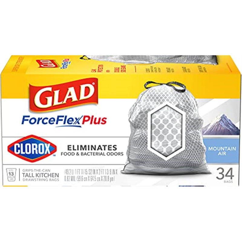 Glad Force Flex Plus 13 gal Mountain Air Scent Tall Kitchen Bags Drawstring 34 pk 0.82 mil