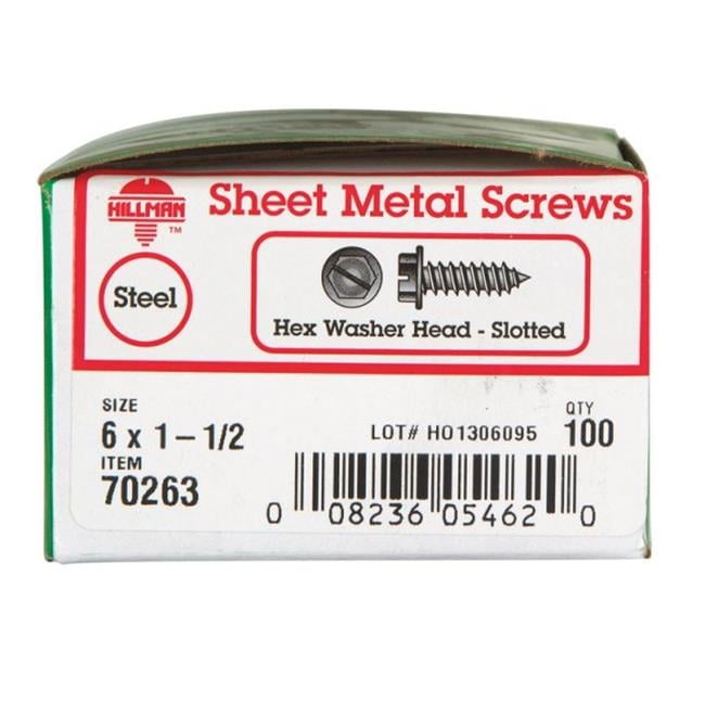 Hillman No. 6 X 1-1/2 in. L Slotted Hex Washer Head Sheet Metal Screws 100 pk