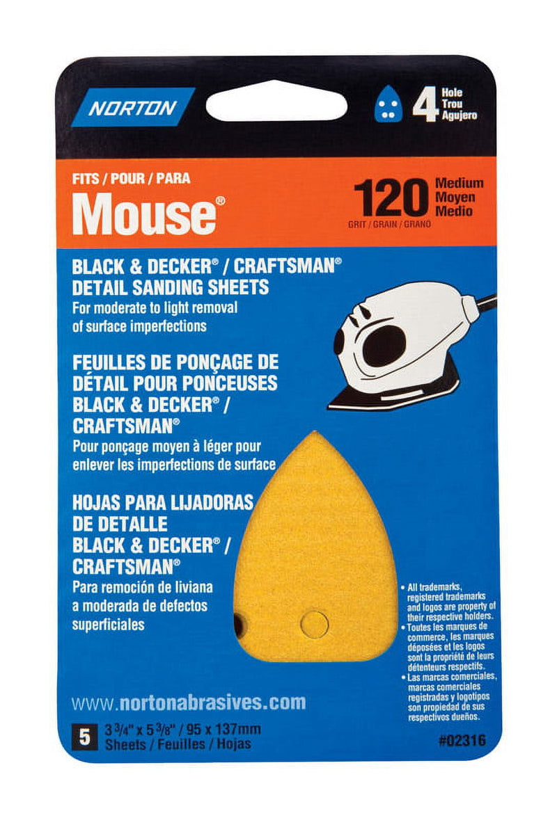 Norton 5-1/4 in. L X 3-3/4 in. W 120 Grit Aluminum Oxide Mouse Sandpaper 5 pk