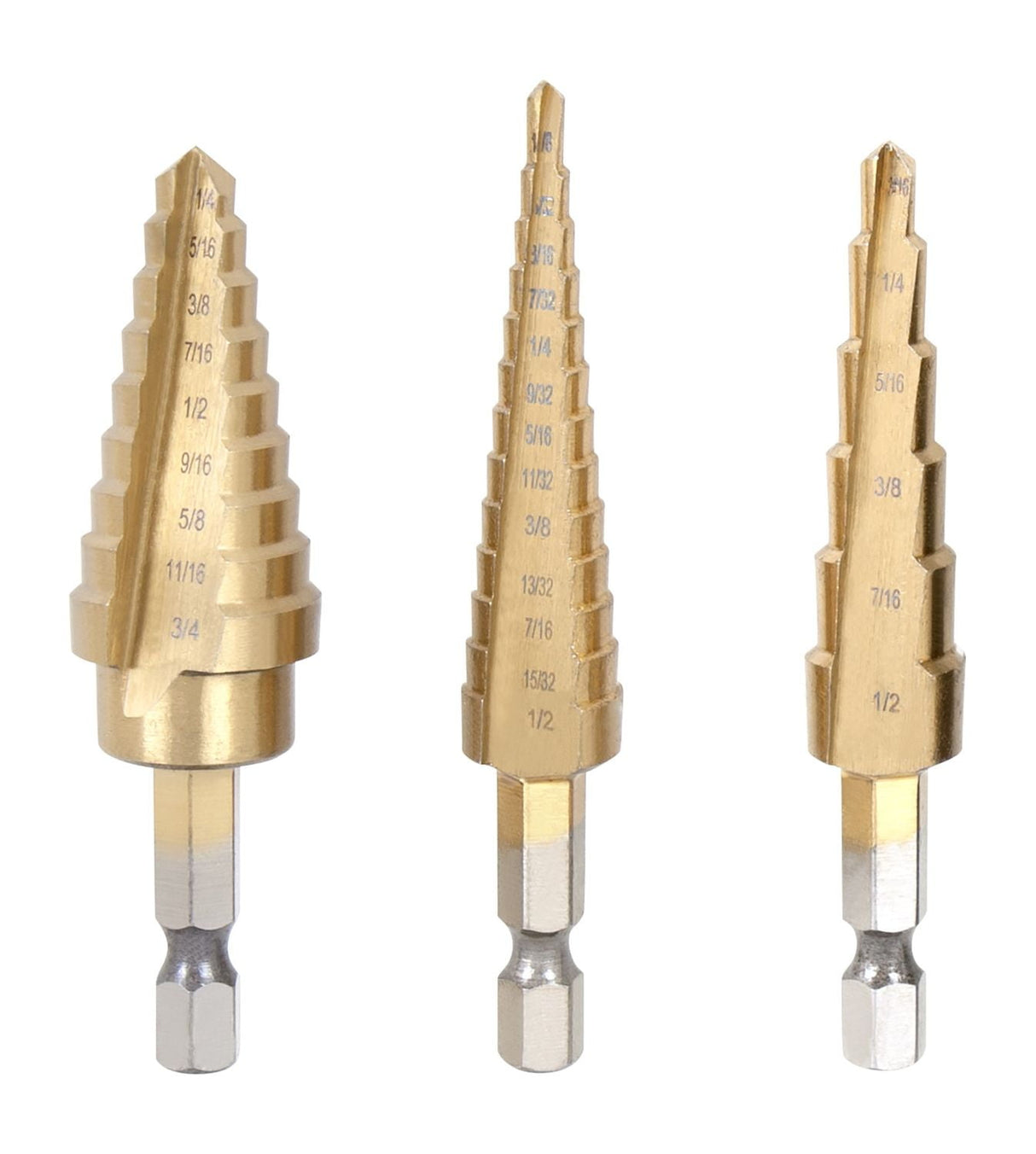 Performance Tool High Speed Steel Step Drill Bit Set Hex Shank 3 pc
