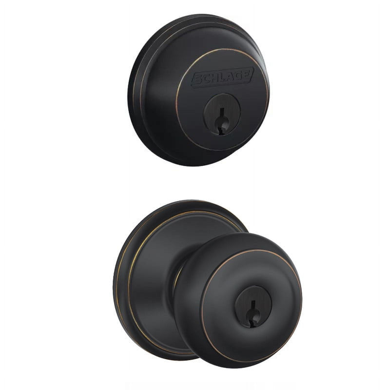 Schlage Georgian Aged Bronze Knob and Single Cylinder Deadbolt 1-3/4 in.