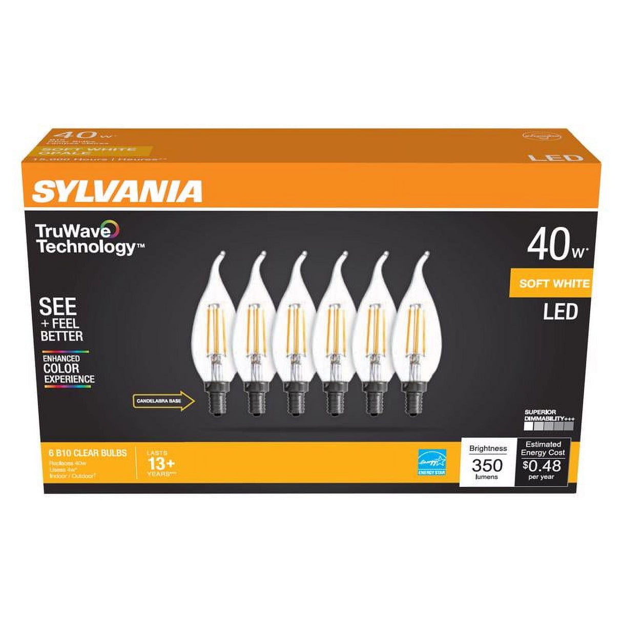 Sylvania Truwave B10 E12 (Candelabra) LED Bulb Soft White 40 Watt Equivalence 6 pk