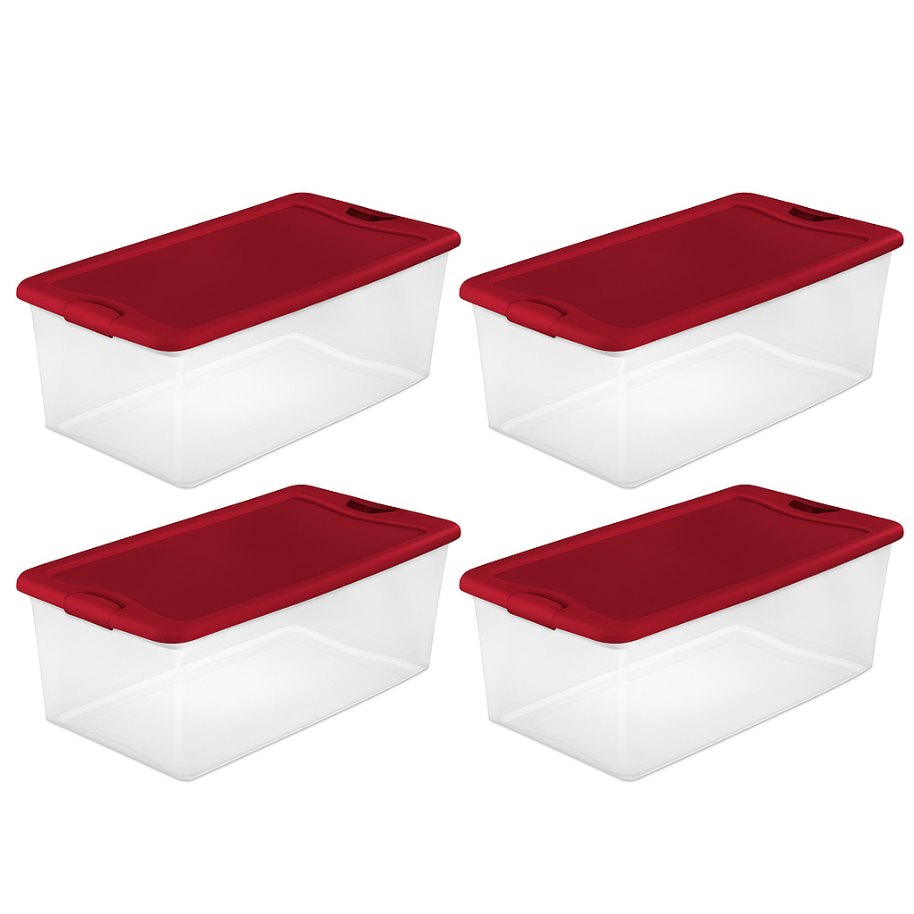 106 Qt Clear Plastic Storage Box with Red Latching Lid (4-Pack) – Large Stackable Storage Containers with Handles for Home, Garage, Closet, and Office Organization – 33.9" L x 18.8" W x 13" H